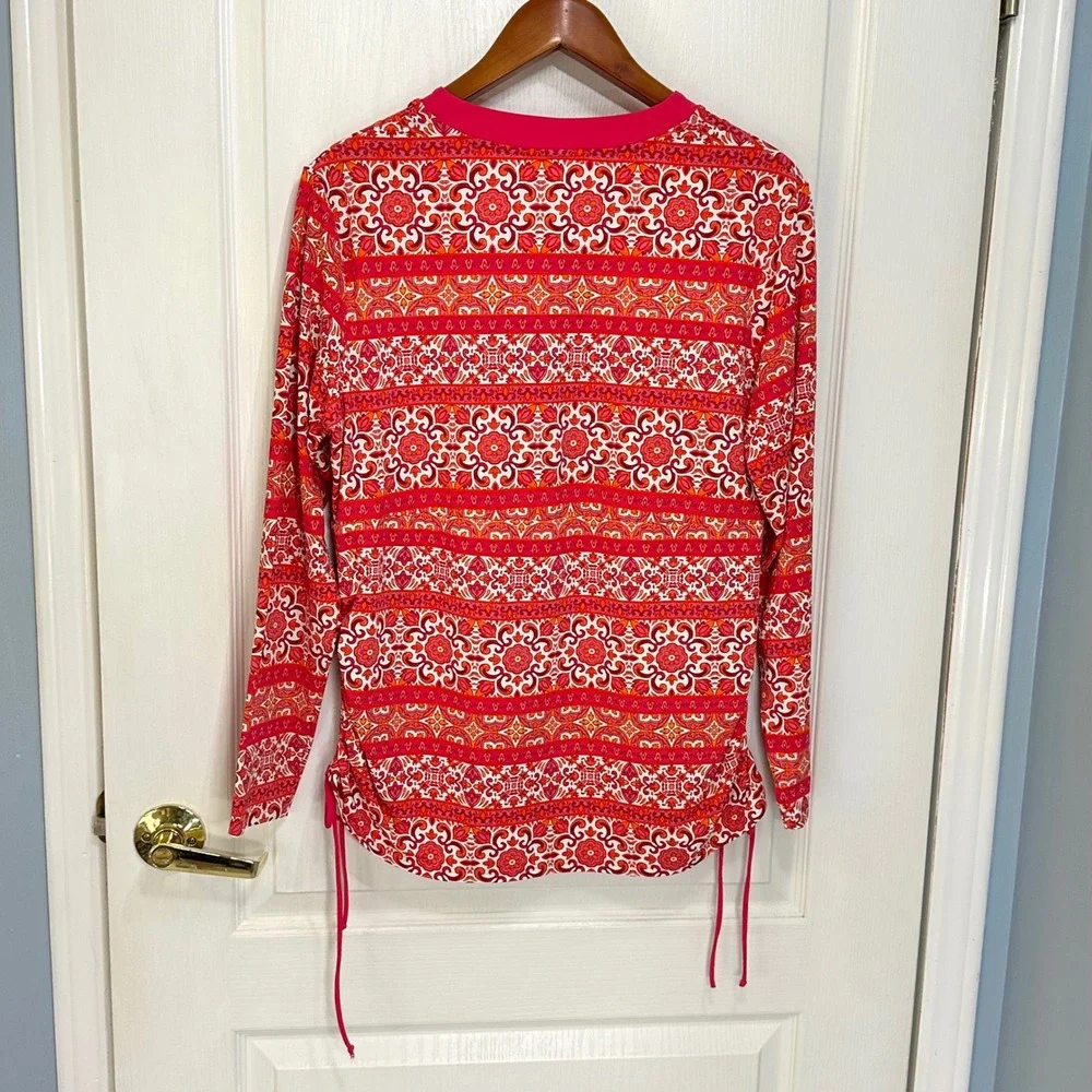Lands End Womens L Petite Pink Orange Floral Rash Guard Swim Tunic Quarter Zip